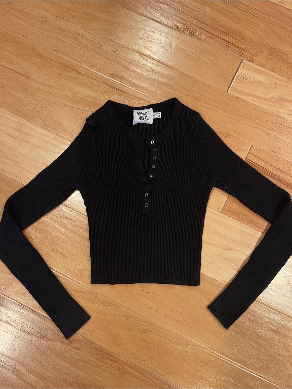 Princess Polly Black Ribbed Henley Long Sleeve Crop Top